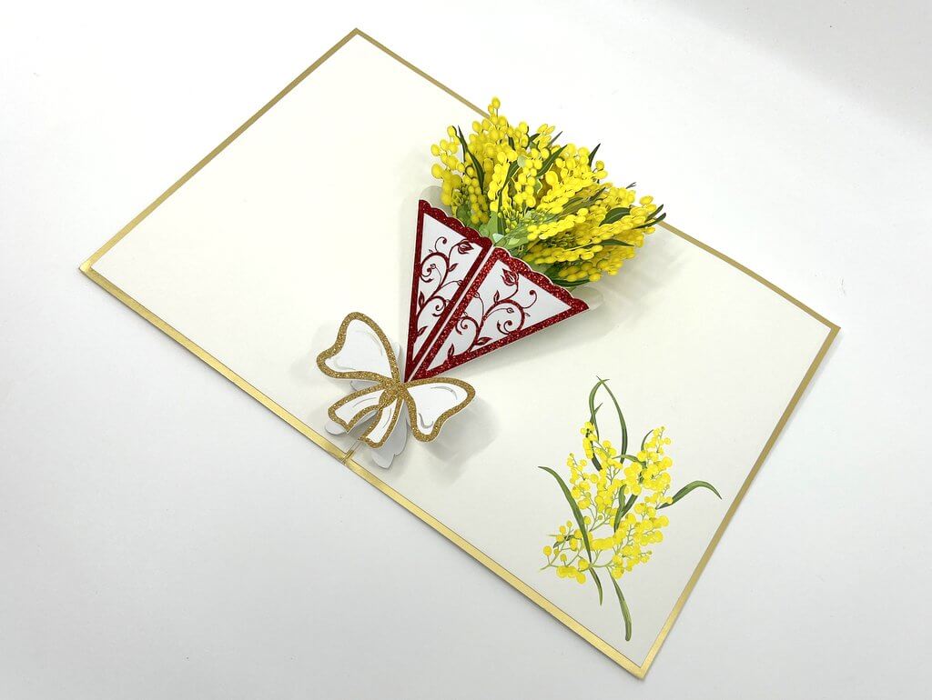 Luxury Embossed Golden Australian Native Wattle Flower Bouquet Pop Up Card