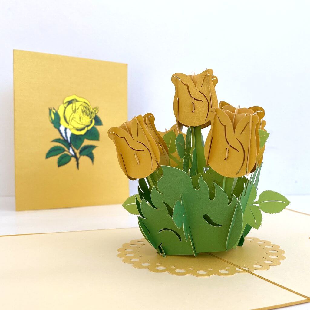 Handmade Golden Rose Bouquet 3D Pop Up Greeting Card - Mother's Day, Valentine's Day Pop Up Cards - Wedding Invitations