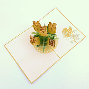 Handmade Golden Rose Bouquet 3D Pop Up Greeting Card - Mother's Day, Valentine's Day Pop Up Cards - Wedding Invitations