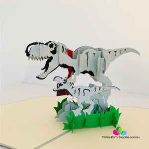 Handmade Grey Daddy and Baby Dinosaurs Pop Up Card - Online Party Supplies