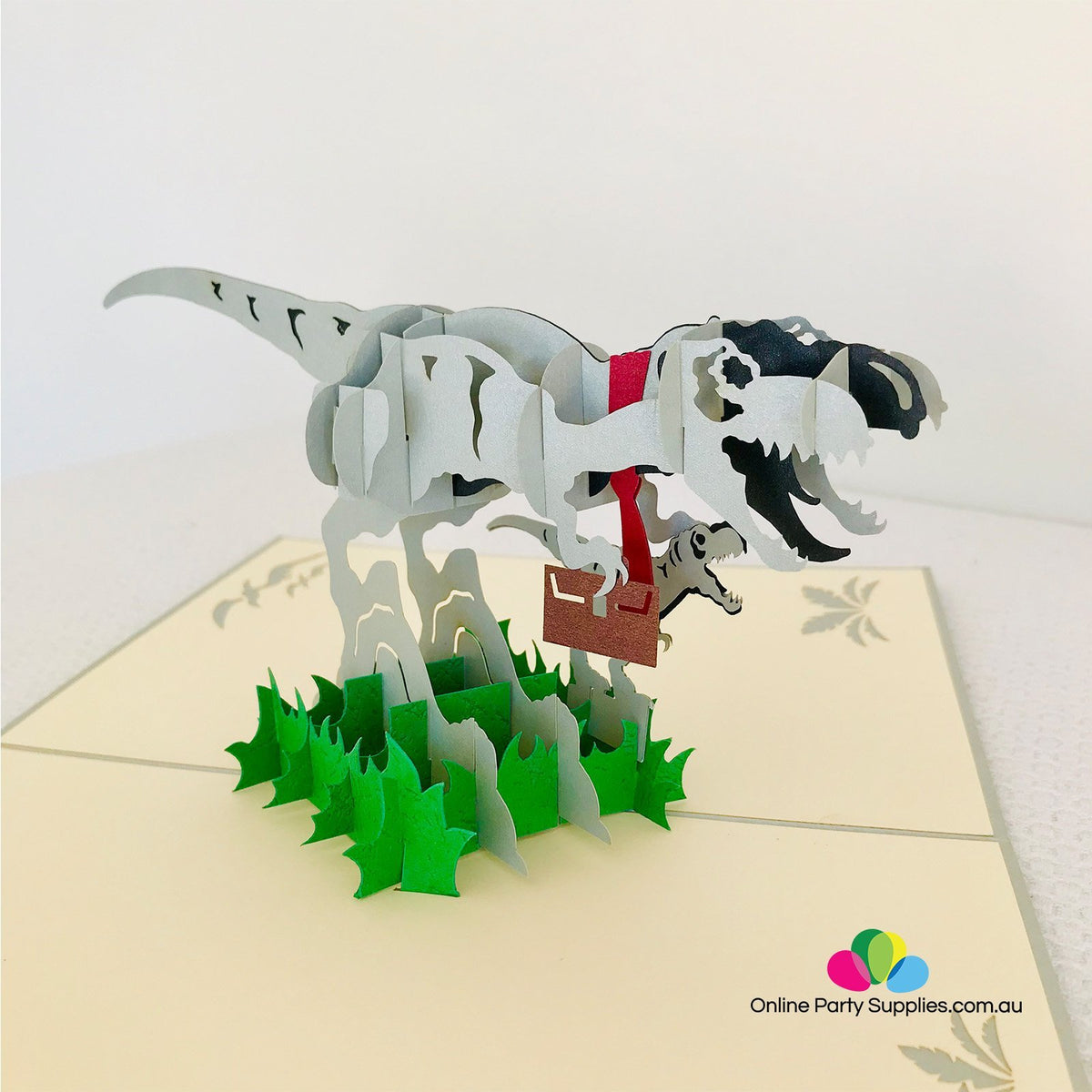 Handmade Grey Daddy and Baby Dinosaurs Pop Up Card - Online Party Supplies