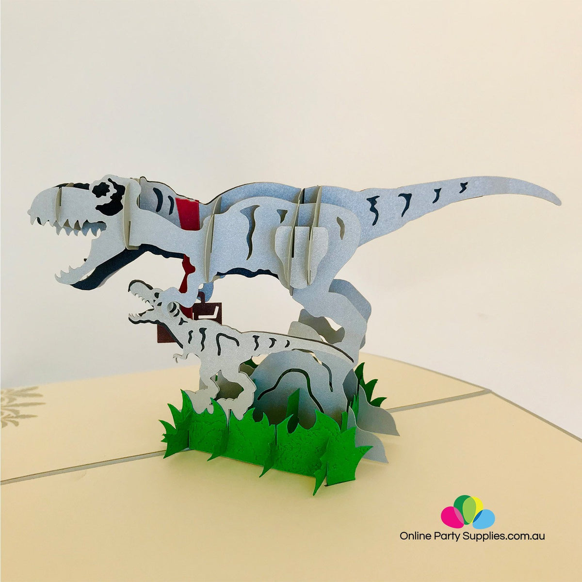 Handmade Grey Daddy and Baby Dinosaurs Pop Up Card - Online Party Supplies