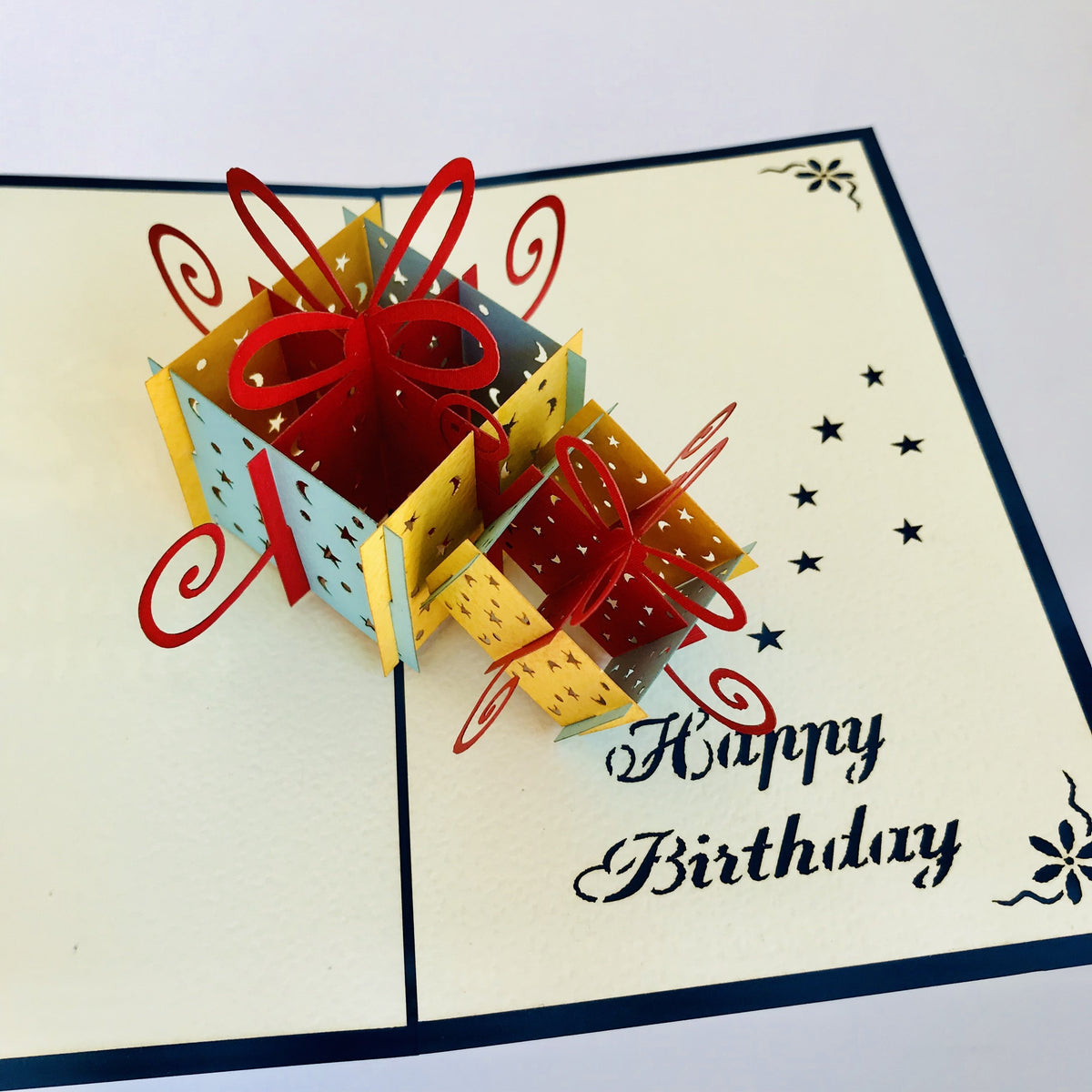 Handmade Happy Birthday Blue and Yellow Present Boxes Pop Up Card - Online Party Supplies