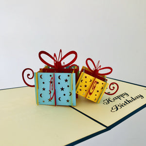 Handmade Happy Birthday Blue and Yellow Present Boxes Pop Up Card - Online Party Supplies