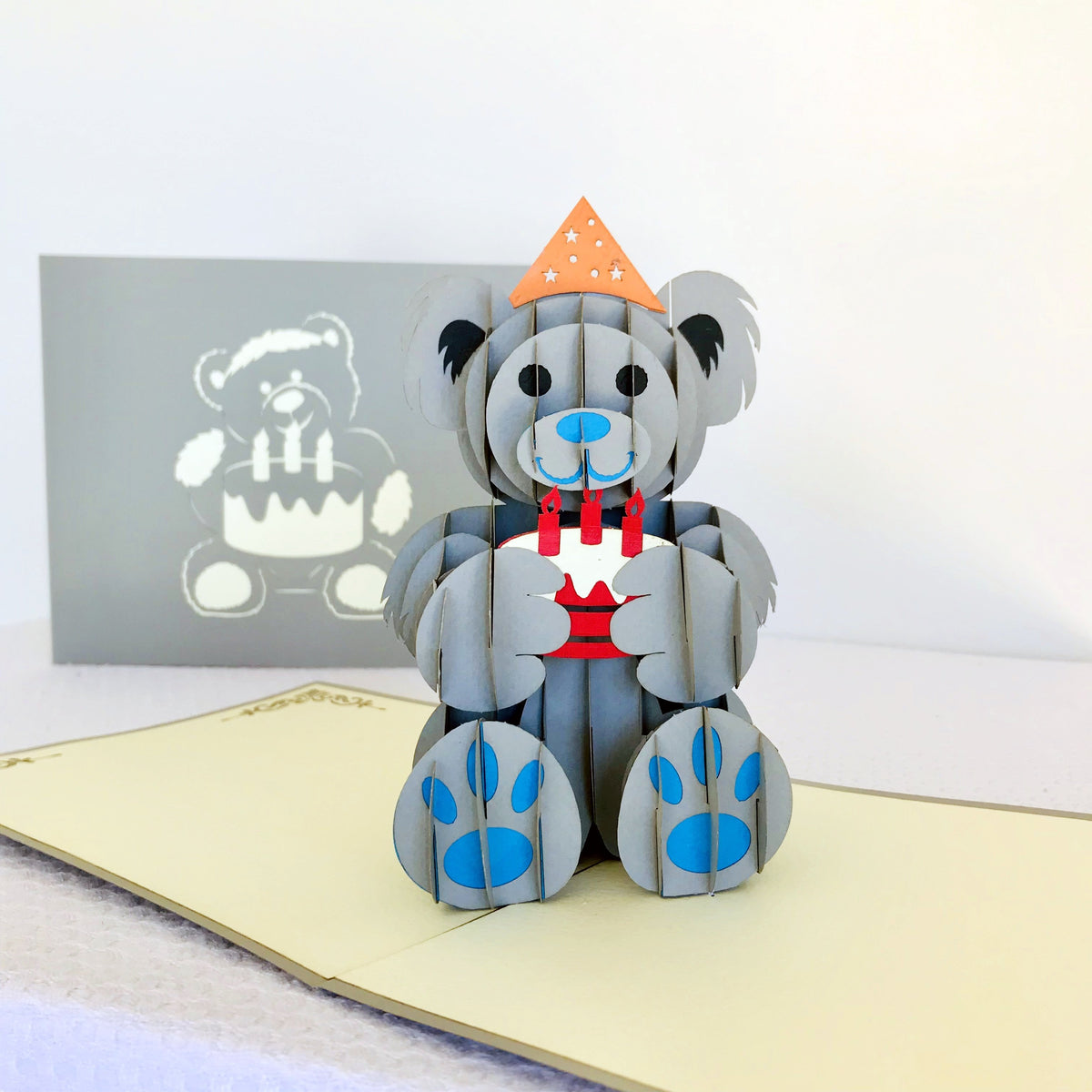 Handmade Happy Birthday Grey Teddy Bear Pop Up Card - Online Party Supplies