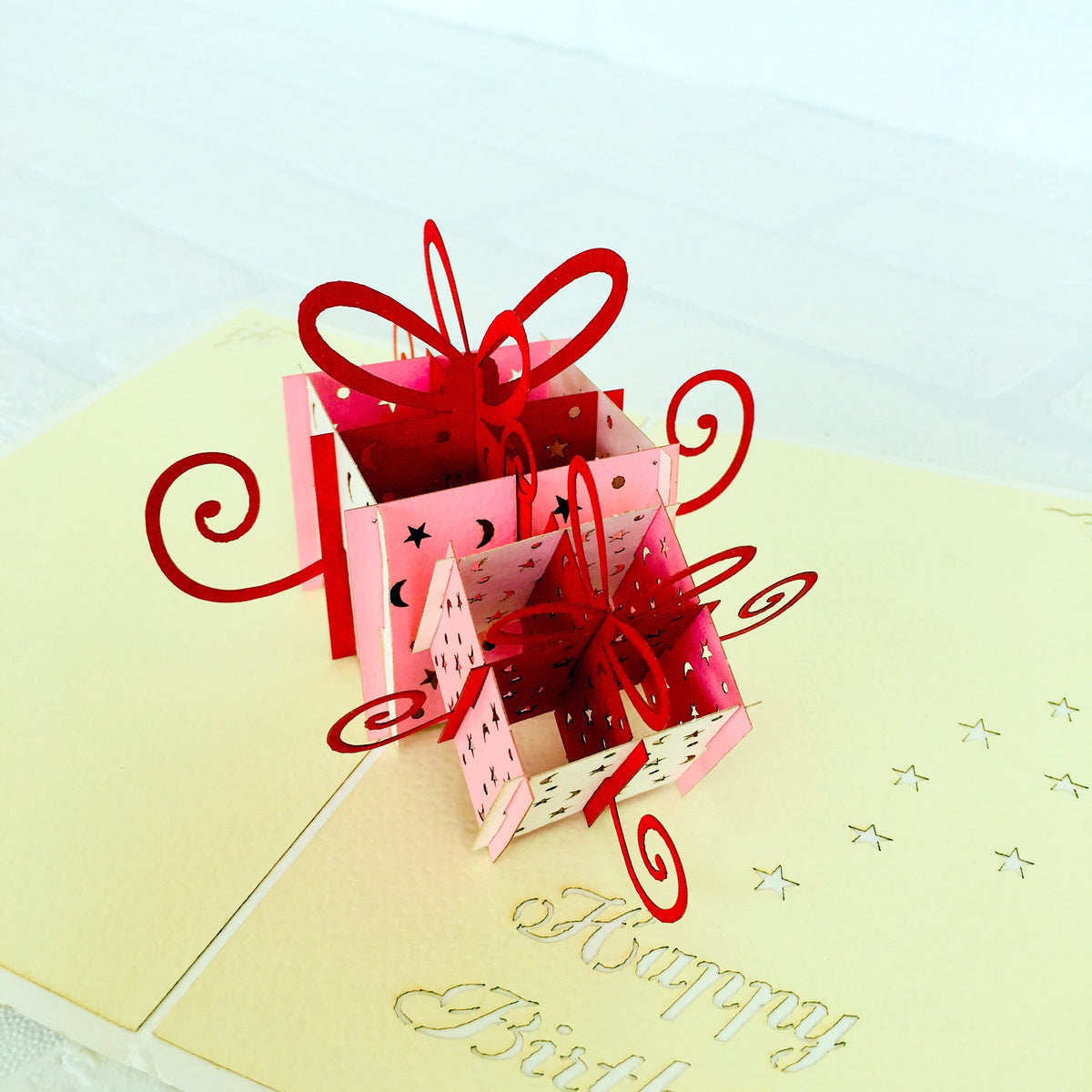 Handmade Happy Birthday Pink and White Present Boxes Pop Up Card - Online Party Supplies