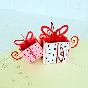 Handmade Happy Birthday Pink and White Present Boxes Pop Up Card - Online Party Supplies
