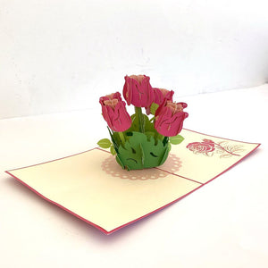 Handmade Hot Pink Rose Bouquet 3D Pop Up Greeting Card - Mother's Day, Valentine's Day Pop Up Cards - Wedding Invitations
