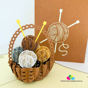 Handmade Knitting Yarn Basket Brown Cover Pop Up Greeting Card - Online Party Supplies