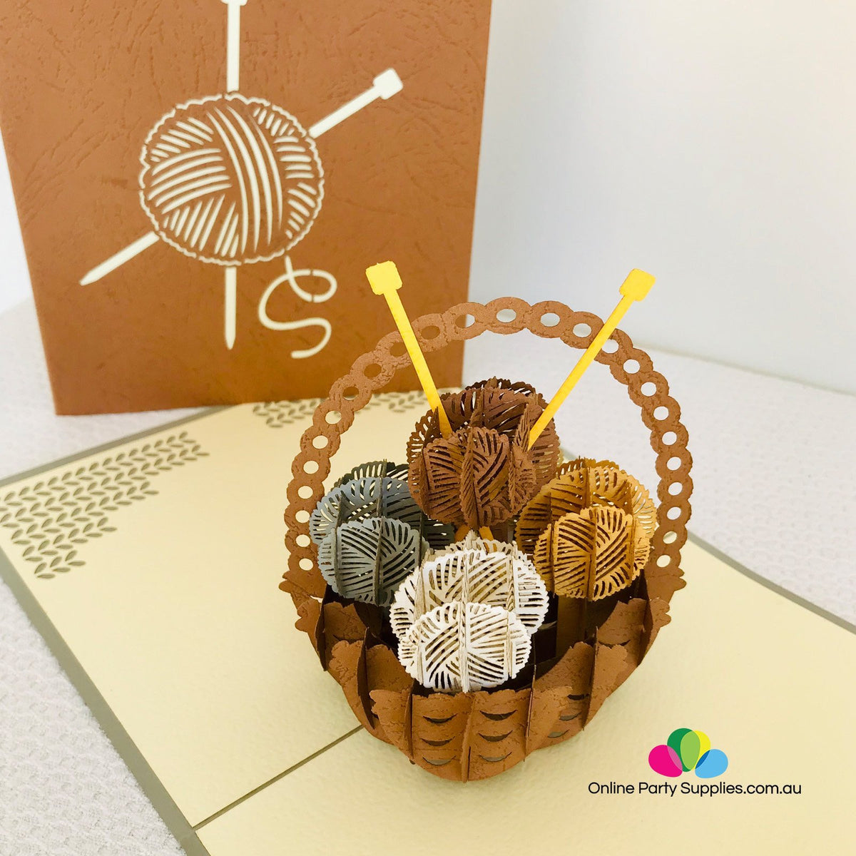 Handmade Knitting Yarn Basket Brown Cover Pop Up Greeting Card - Online Party Supplies