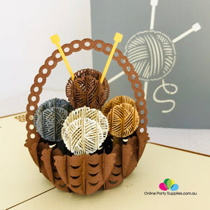 Handmade Knitting Yarn Basket Grey Cover Pop Up Greeting Card - Online Party Supplies