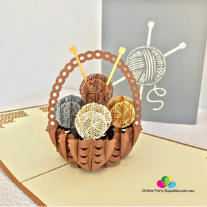 Handmade Knitting Yarn Basket Grey Cover Pop Up Greeting Card - Online Party Supplies