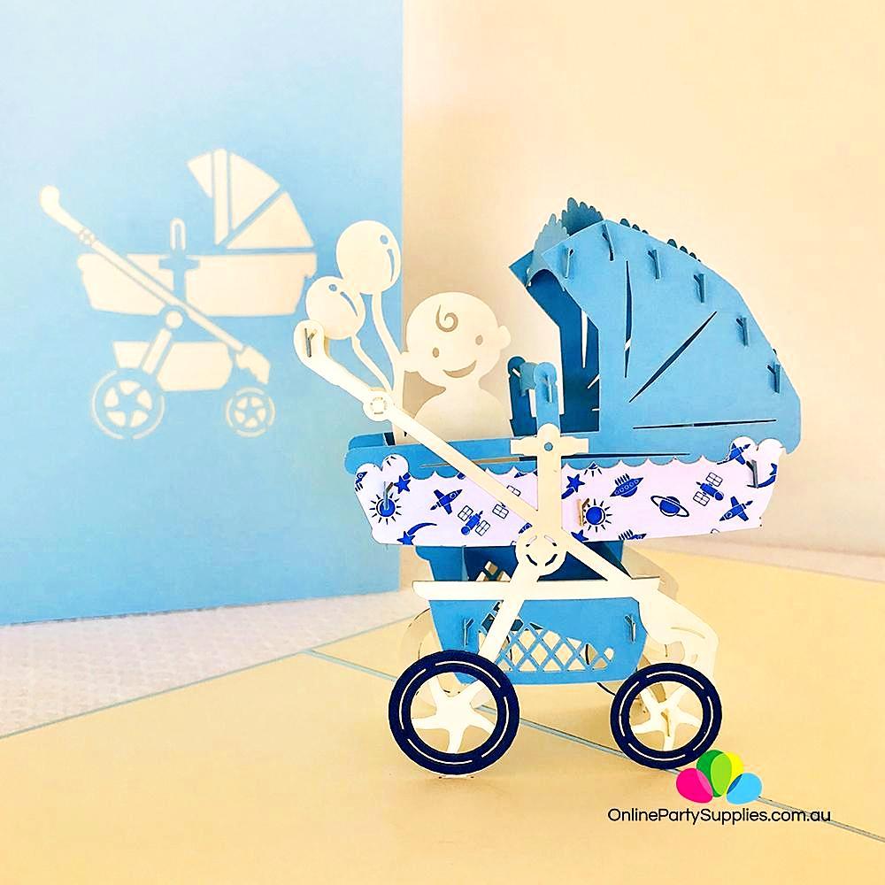 Handmade Large Blue Pram Pop Up Card - Online Party Supplies