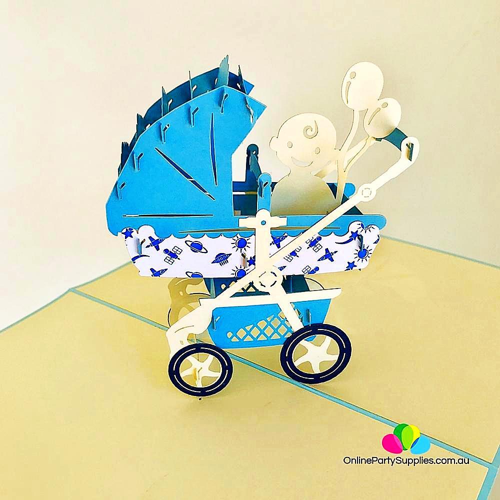 Handmade Large Blue Pram Pop Up Card - Online Party Supplies