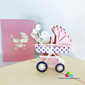 Handmade Large Pink Pram Pop Up Baby Shower Card - Online Party Supplies