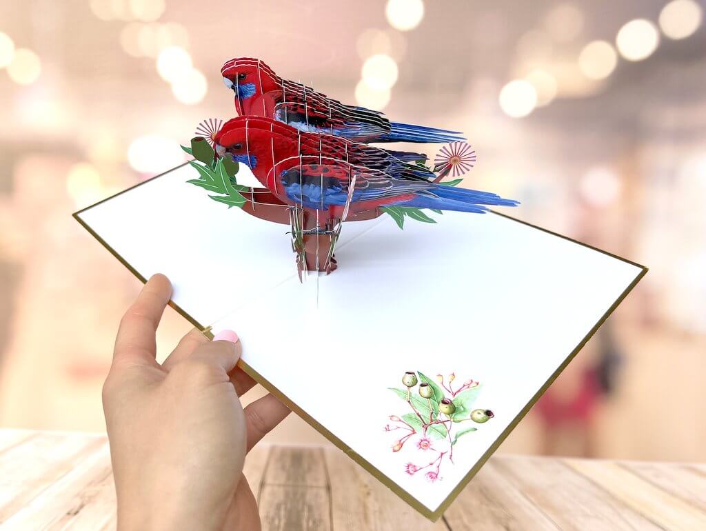 Luxury Embossed Australian Crimson Rosella Parrot Couple 3D Pop Up Card