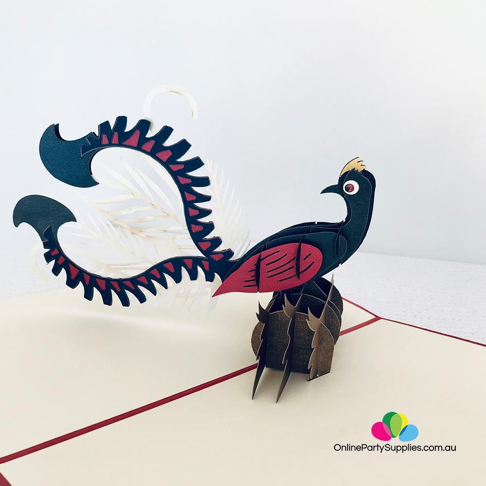 Handmade Metallic Australian Native Red and Navy Blue Superb Lyrebird Pop Up Greeting Card - Online Party Supplies