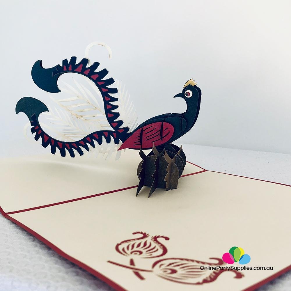Handmade Metallic Australian Native Red and Navy Blue Superb Lyrebird Pop Up Greeting Card - Online Party Supplies