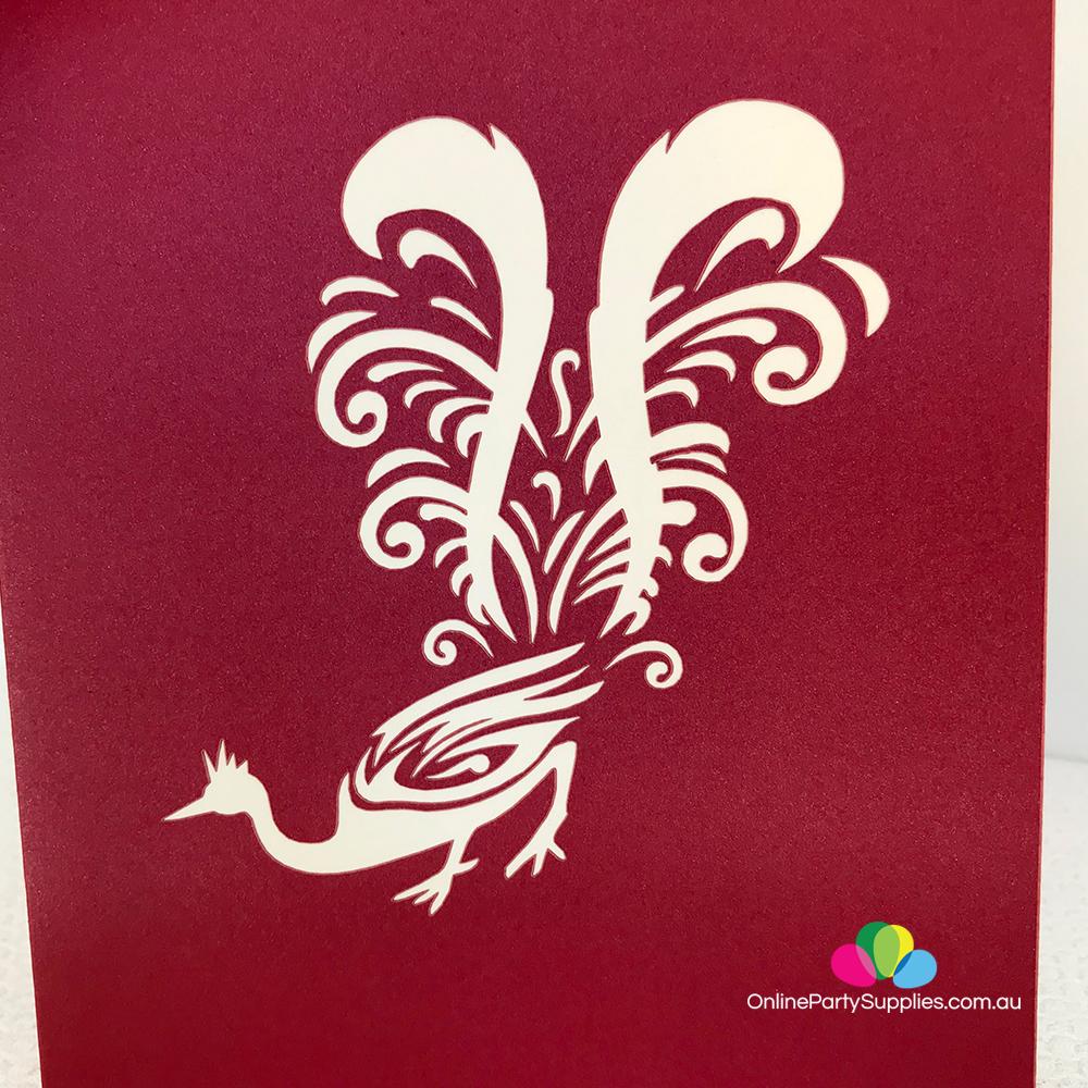 Handmade Metallic Australian Native Red and Navy Blue Superb Lyrebird Pop Up Greeting Card - Online Party Supplies
