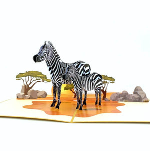 Handmade Mother and Baby Zebra in Safari 3D Pop Up Greeting Card - Safari Animal Themed Party Invitations