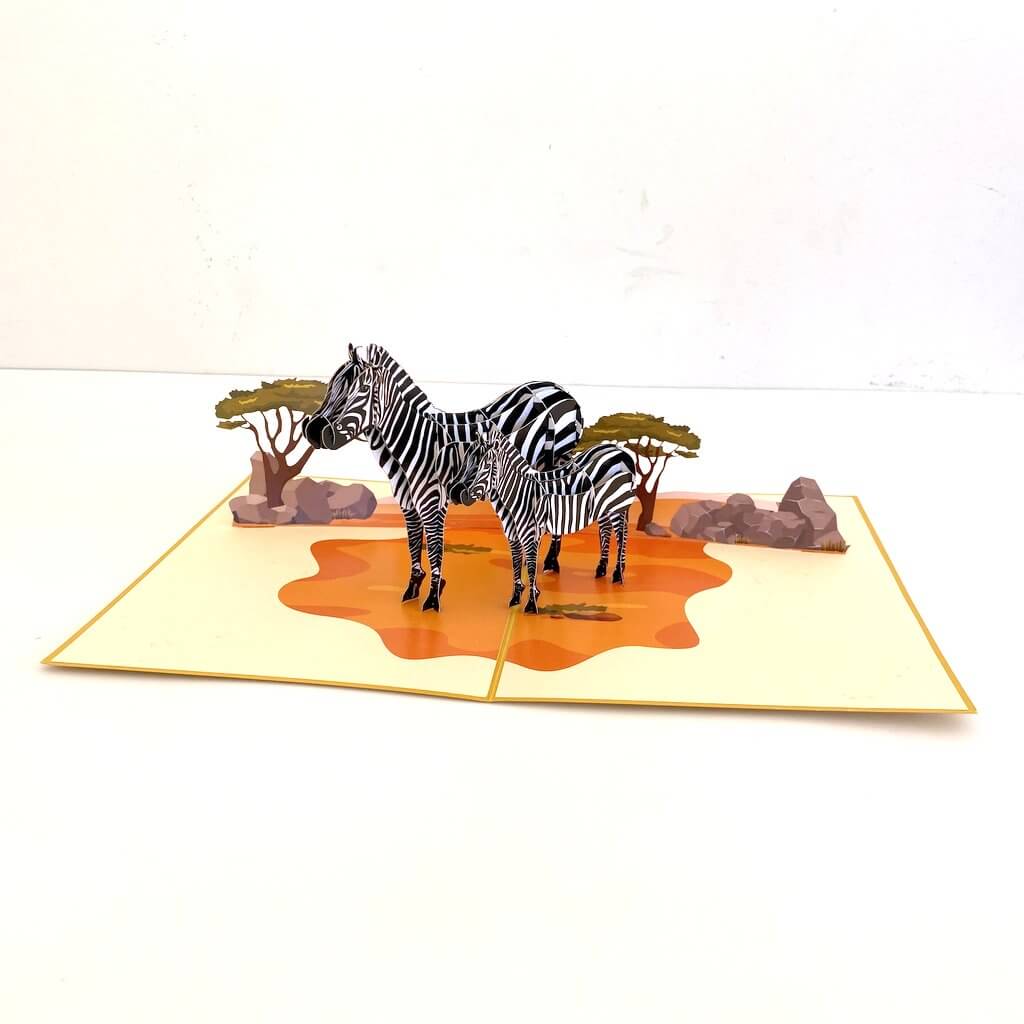 Handmade Mother and Baby Zebra in Safari 3D Pop Up Greeting Card - Safari Animal Themed Party Invitations