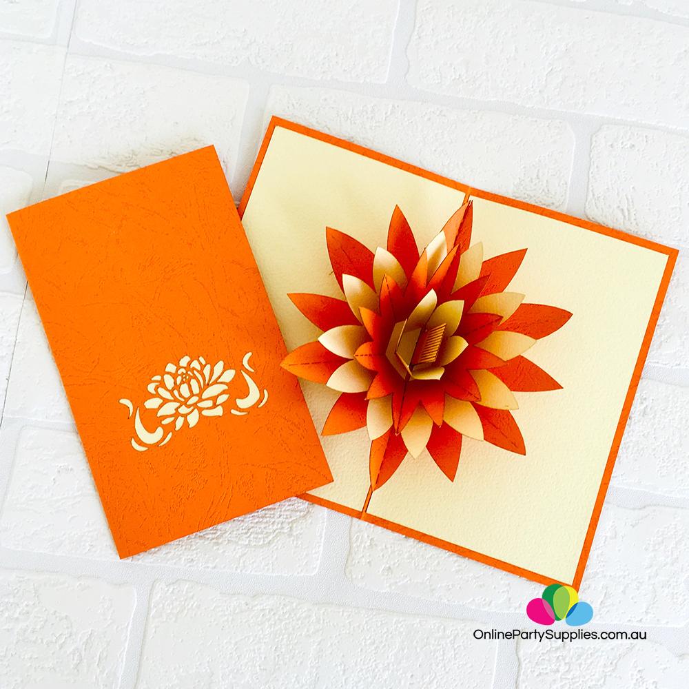 Handmade Orange and White Lotus Flower Pop Up Card - Online Party Supplies