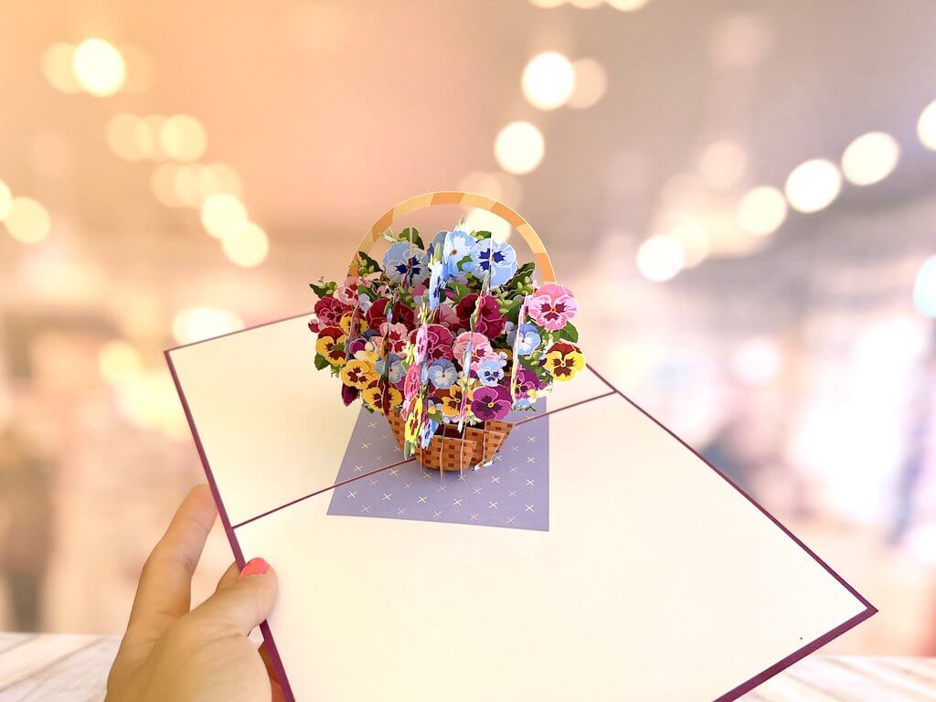 Gorgeous Pansies Flower Basket Origami Pop Up Greeting Card