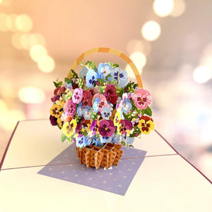 Gorgeous Pansies Flower Basket Origami Pop Up Greeting Card