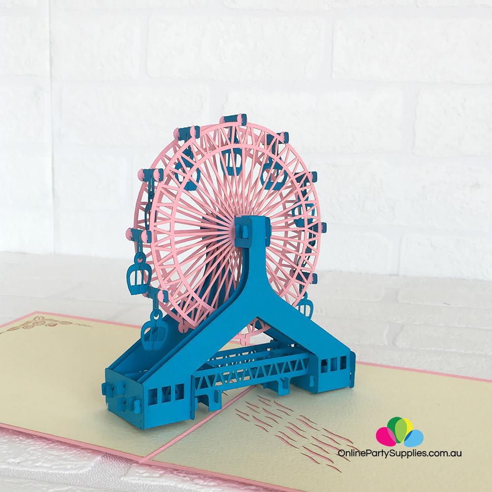 Handmade Pink and Blue Ferris Wheel 3D Pop Up Card - Online Party Supplies