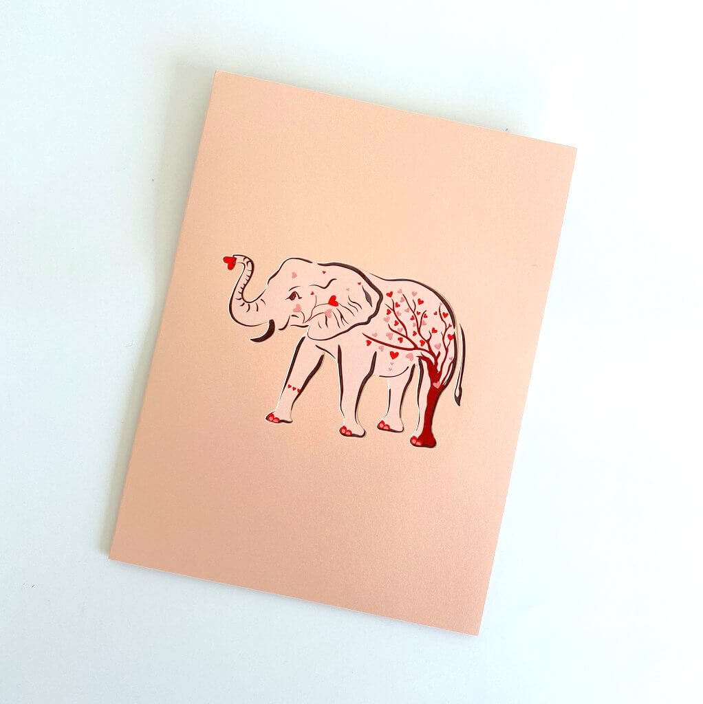 Pink Elephant with Red Heart Tree 3D Pop Up Greeting Card