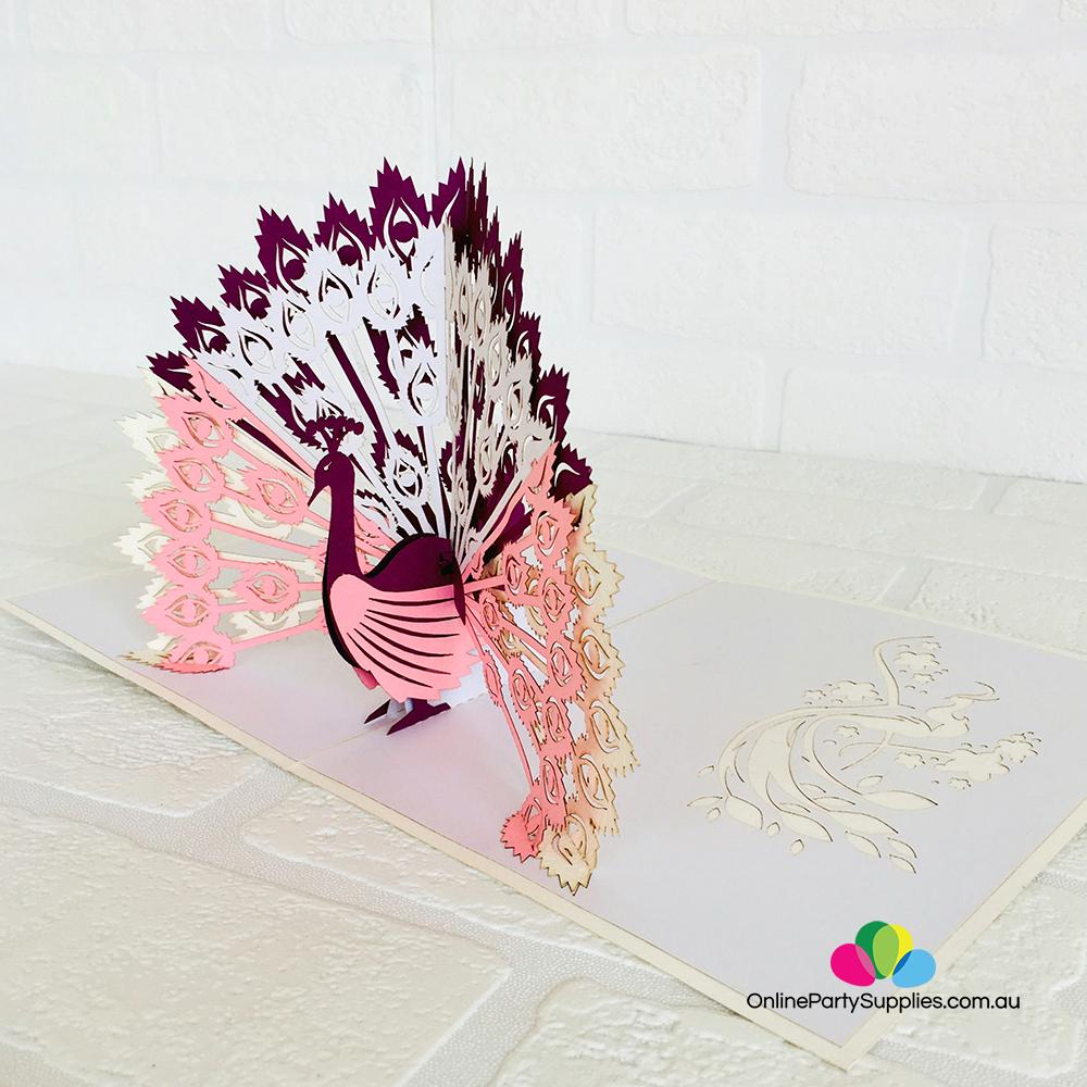 Handmade Pink Peacock Pop Up Greeting Card - Online Party Supplies