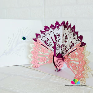 Handmade Pink Peacock Pop Up Greeting Card - Online Party Supplies