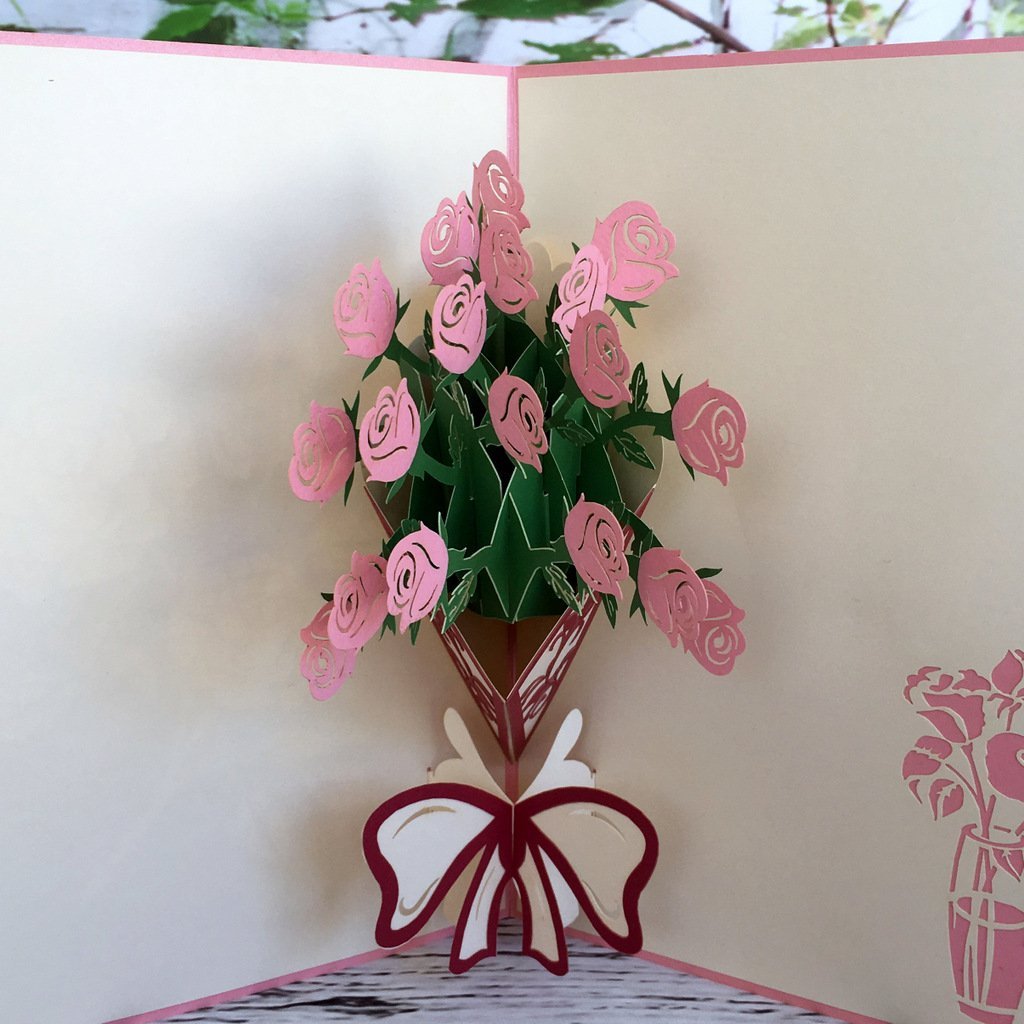 Handmade Pink Rose Bouquet 3D Pop Up Greeting Card - Online Party Supplies
