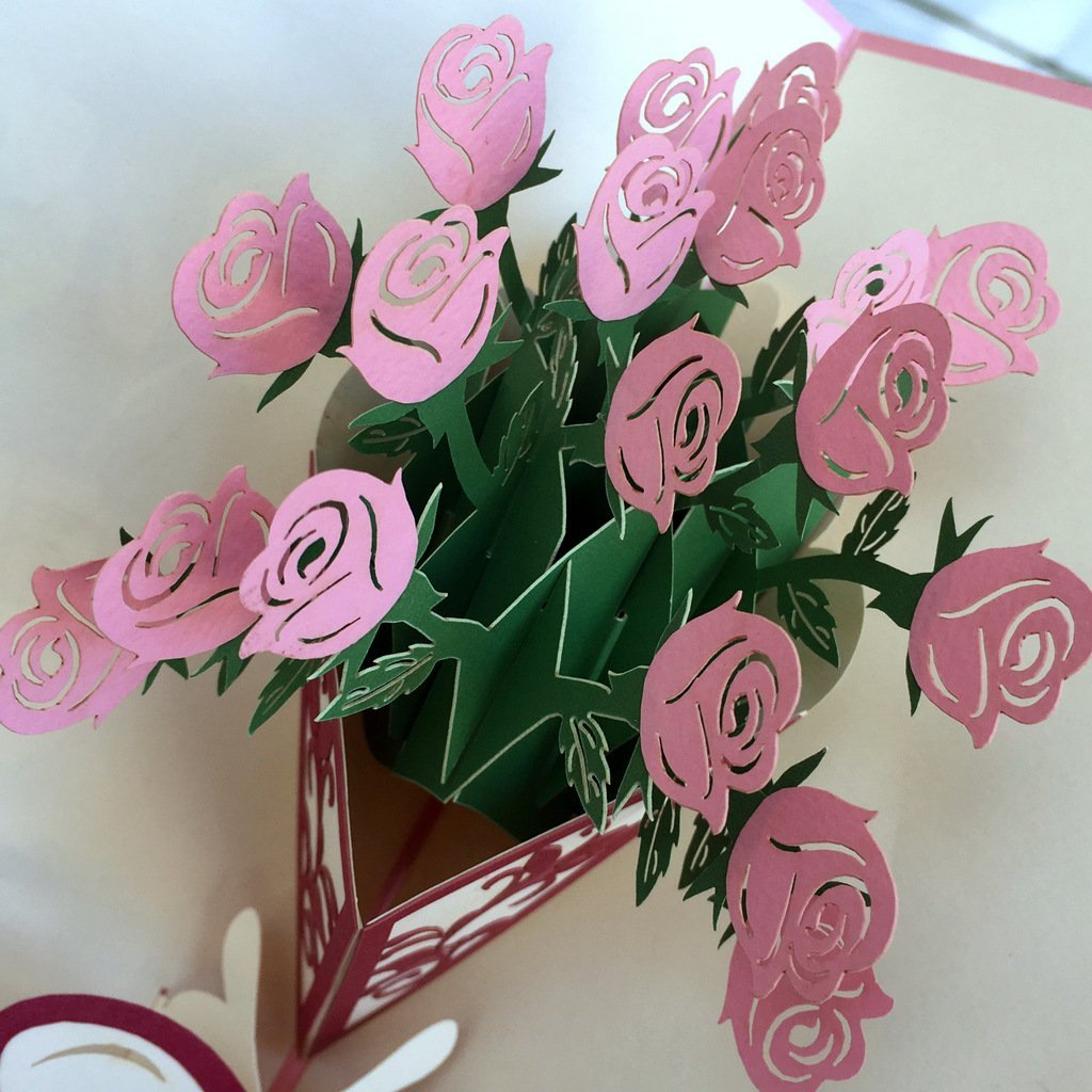 Handmade Pink Rose Bouquet 3D Pop Up Greeting Card - Online Party Supplies