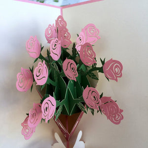 Handmade Pink Rose Bouquet 3D Pop Up Greeting Card - Online Party Supplies