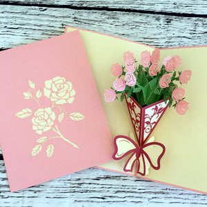 Handmade Pink Rose Bouquet 3D Pop Up Greeting Card - Online Party Supplies