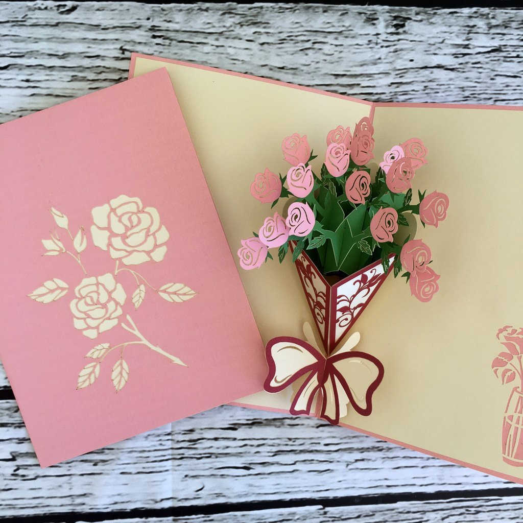 Handmade Pink Rose Bouquet 3D Pop Up Greeting Card - Online Party Supplies