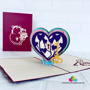 Handmade Rainbow Heart With Golden Key 3D Pop Up Card - Online Party Supplies