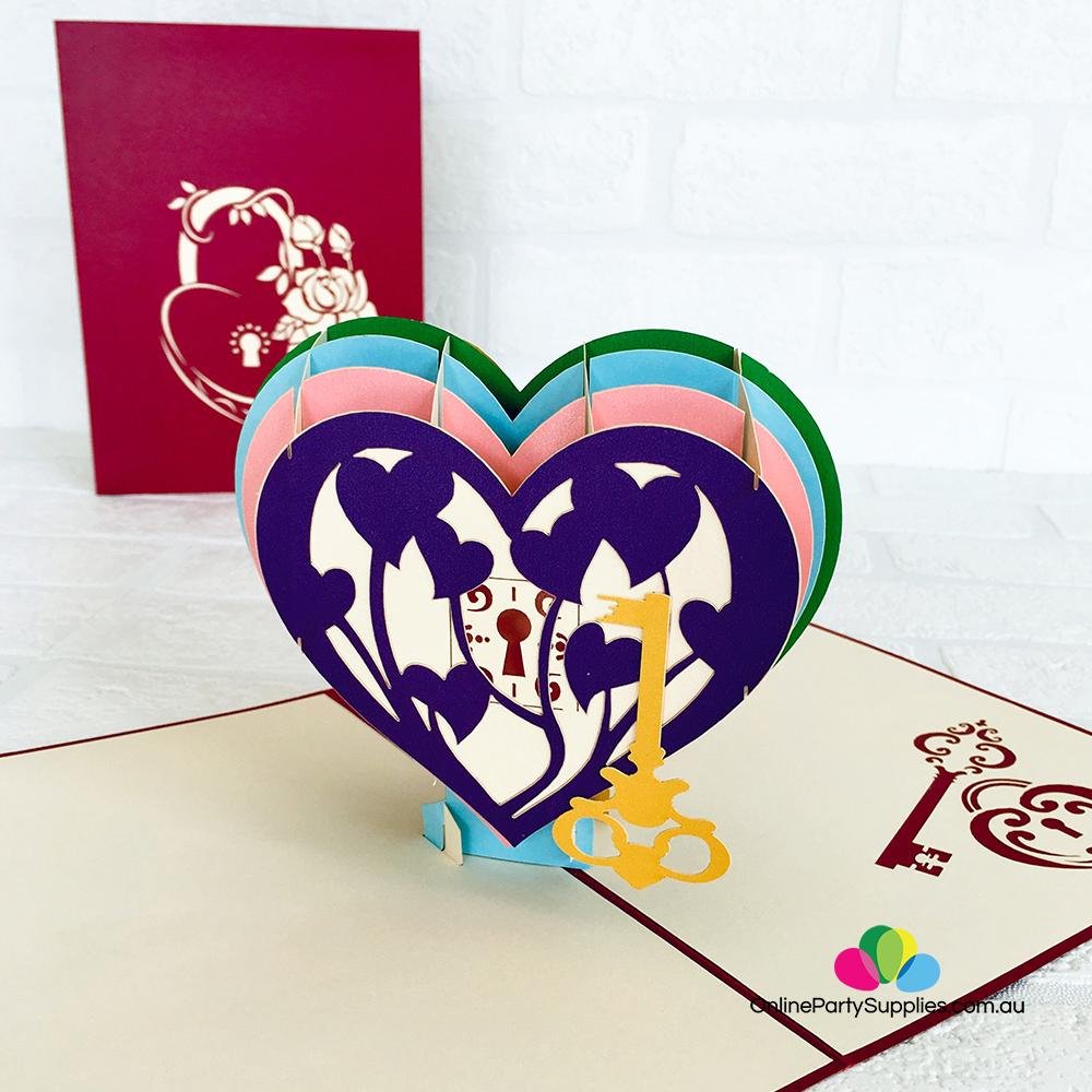 Handmade Rainbow Heart With Golden Key 3D Pop Up Card - Online Party Supplies