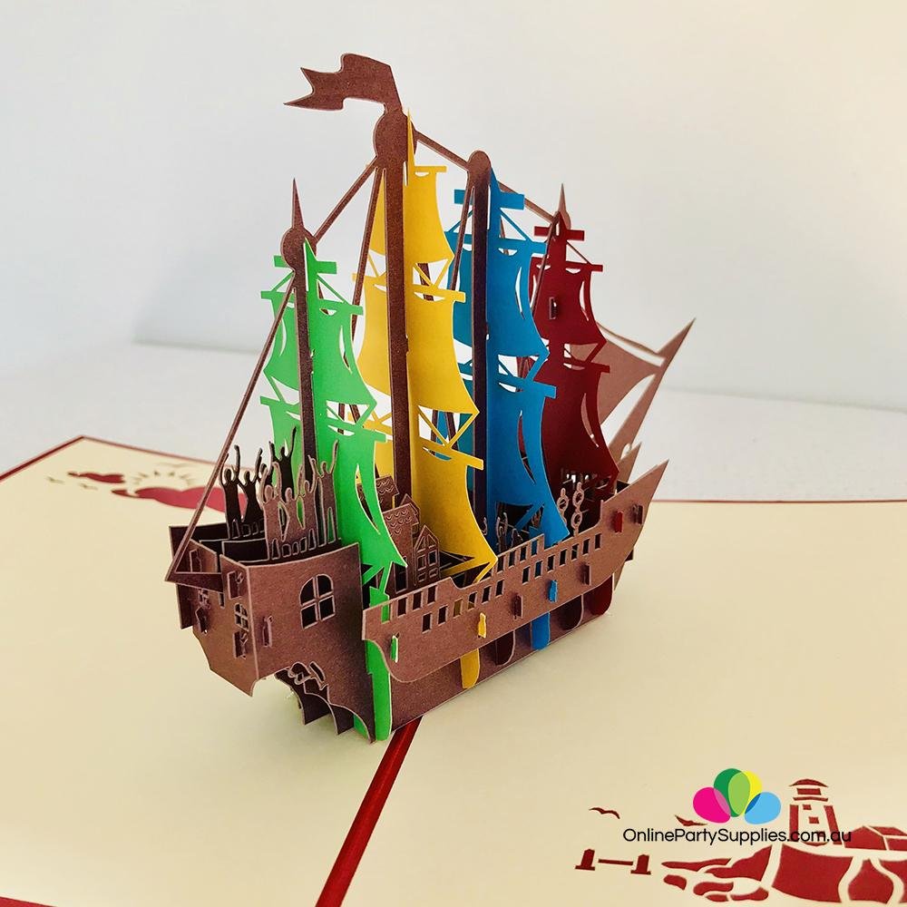 Handmade Rainbow Pirate Ship Pop Up Card - Online Party Supplies