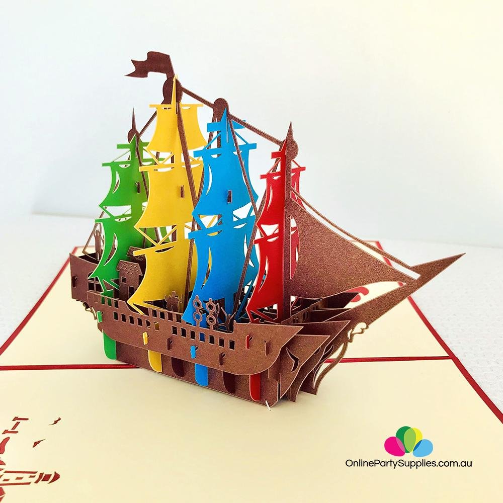 Handmade Rainbow Pirate Ship Pop Up Card - Online Party Supplies
