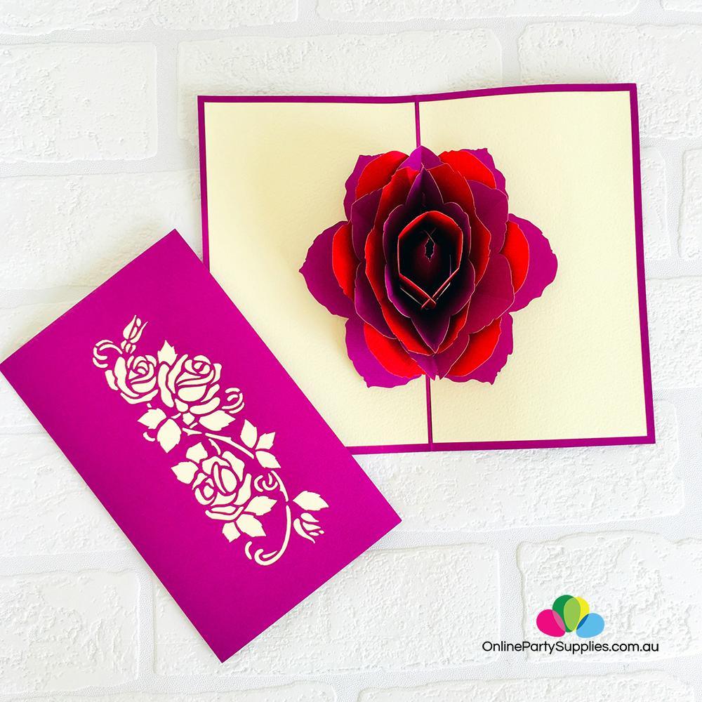 Handmade Red and Purple Rose Flower Pop Up Card - Online Party Supplies