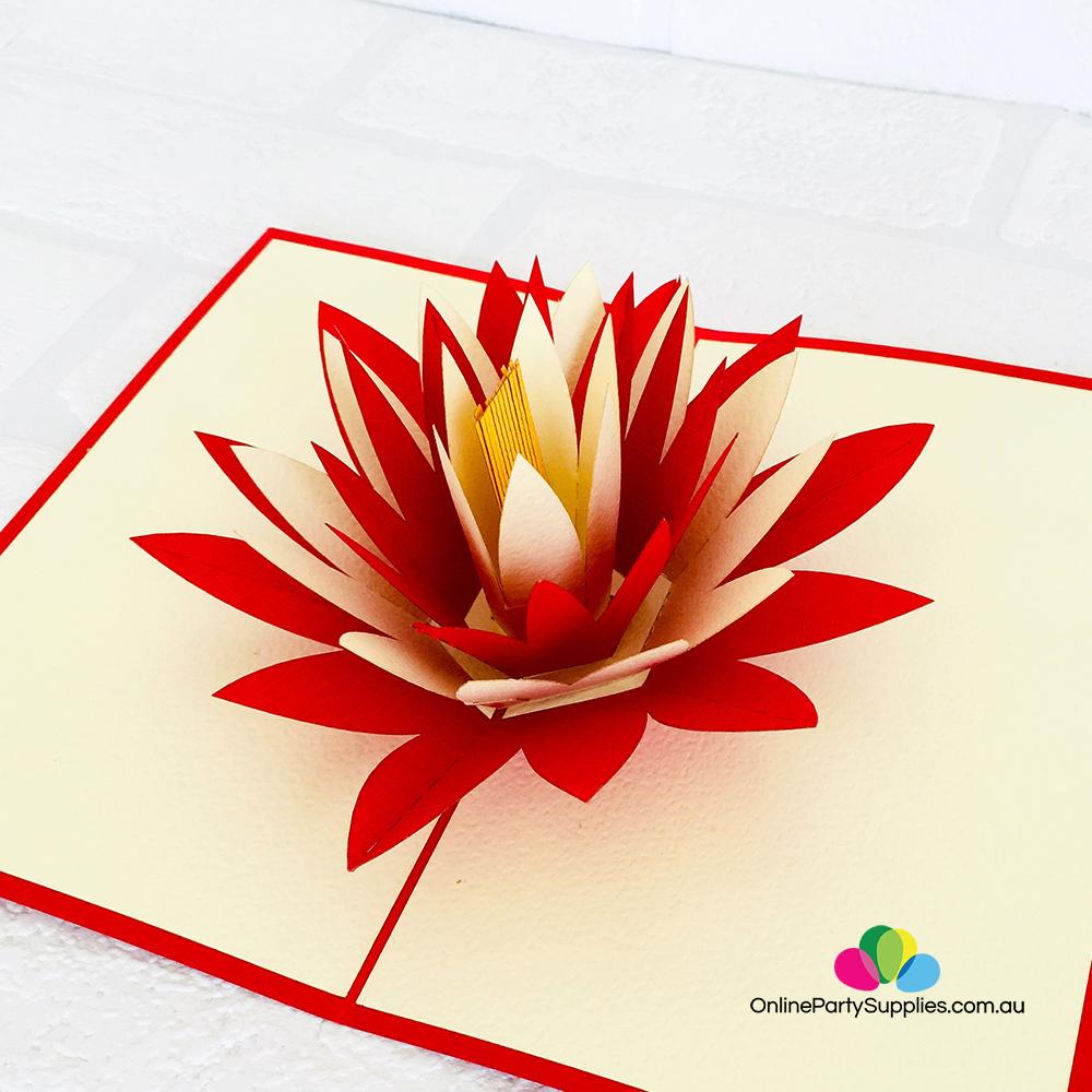 Handmade Red and White Lotus Flower Pop Up Card - Online Party Supplies