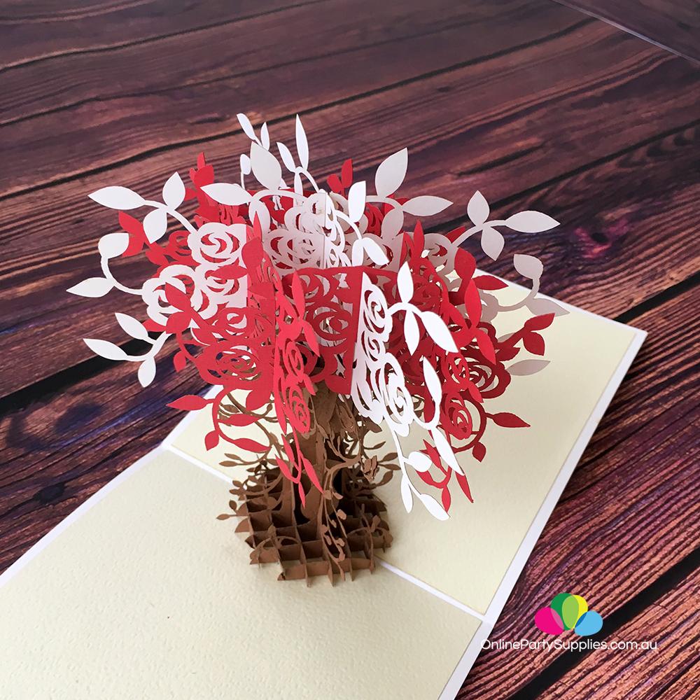 Handmade Red and White Rose Tree 3D Pop Up Valentine's Day Card - Online Party Supplies