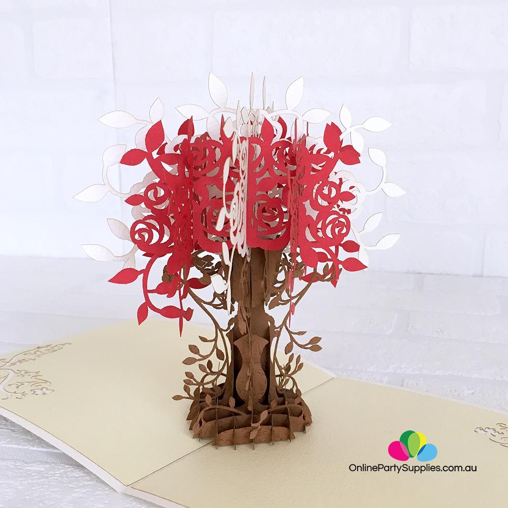 Handmade Red and White Rose Tree 3D Pop Up Valentine's Day Card - Online Party Supplies
