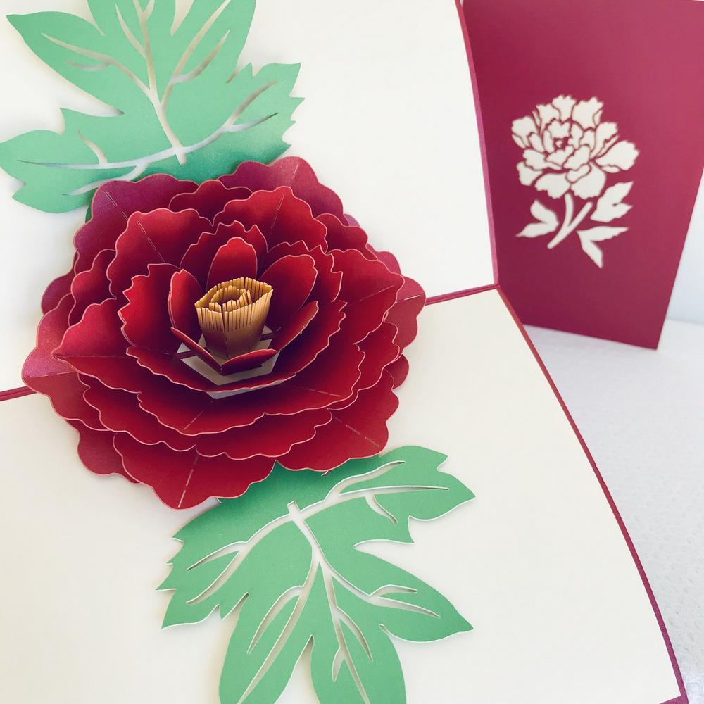 Handmade Red Peony Flower Pop Up Greeting Card - Online Party Supplies