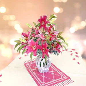 Handmade Red Pink Lily Bouquet in Vase 3D Pop Up Card