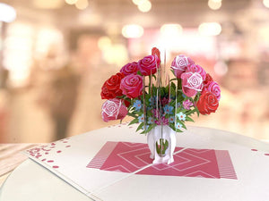 Red & Pink Rose Bouquet in White Vase 3D Pop Up Card