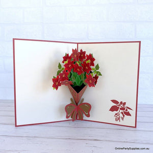 Traditional Christmas Red Poinsettia Flower Bouquet Pop Up Greeting Card - 3D Christmas Cards
