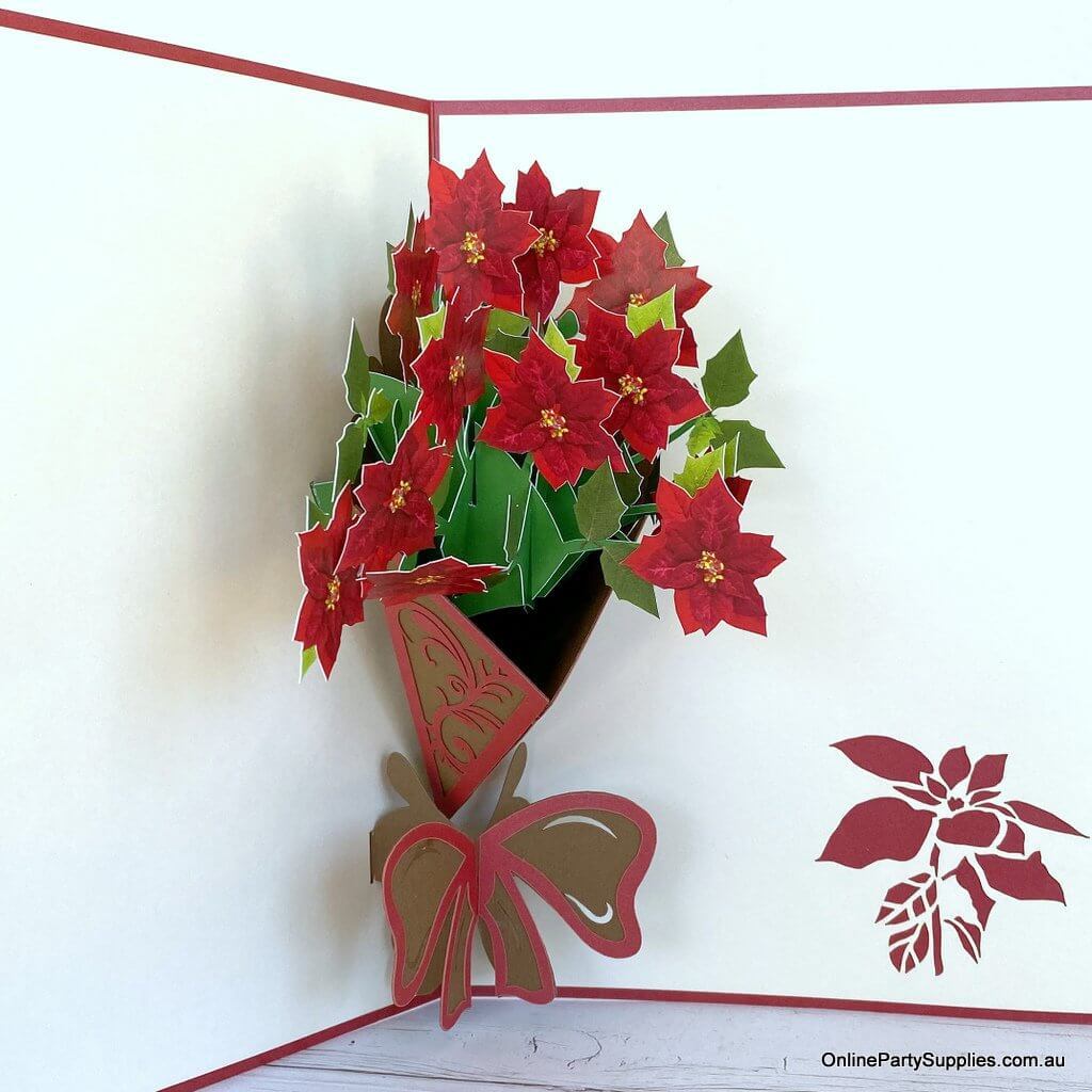 Traditional Christmas Red Poinsettia Flower Bouquet Pop Up Greeting Card - 3D Christmas Cards